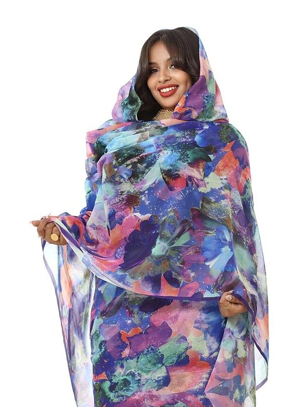 Cyan Floral Full Width Voile