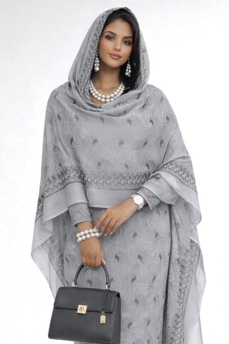 Grey Embroidered Pattern Full Width Voile