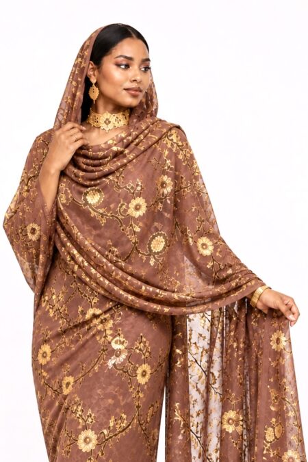 Brown Floral Sparkle Half Width Silk