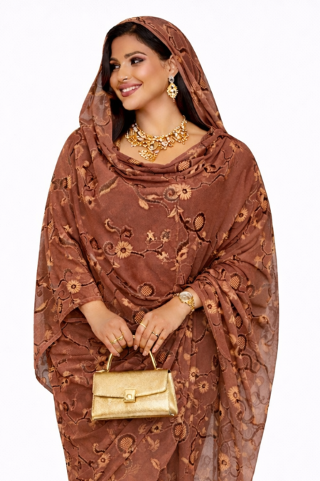 Brown Floral Sparkle Half Width Silk