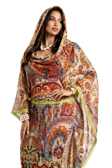 Beige/Orange Pattern Full Width Voile