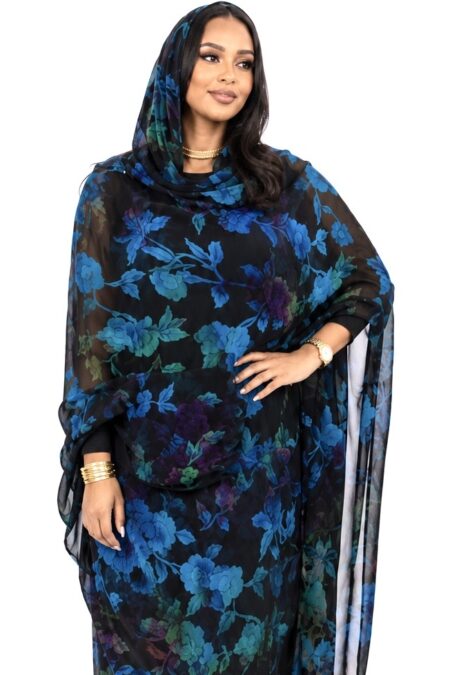 Blue Floral Jacquard Half Width Silk