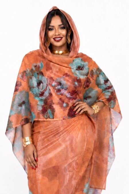 Burnet Apricot Floral Sparkle Half Width Laser Silk