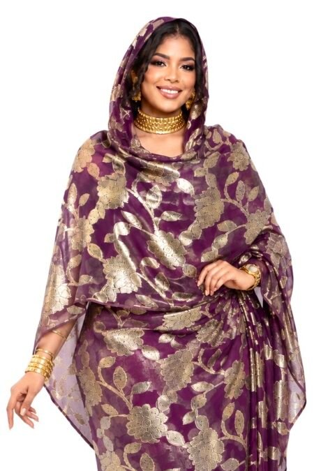 Light Aubergine Floral Sparkle Half Width Silk