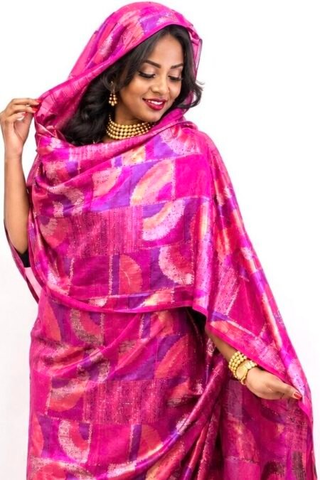Fuchsia Pattern Sparkle Half Width Lurex Silk